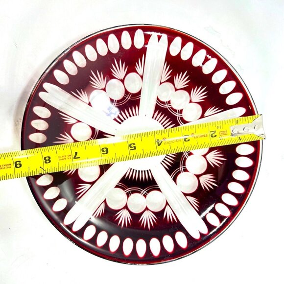 Czech Bohemian Ruby Red Cut To Clear Glass Serving Bowl Coin Dot Cranberry 9" - Picture 5 of 10